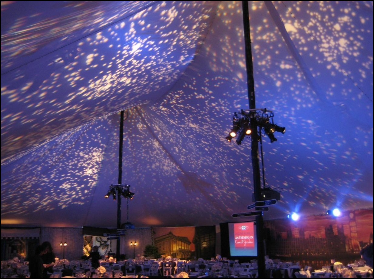 Tent ceiling with starfield lighting