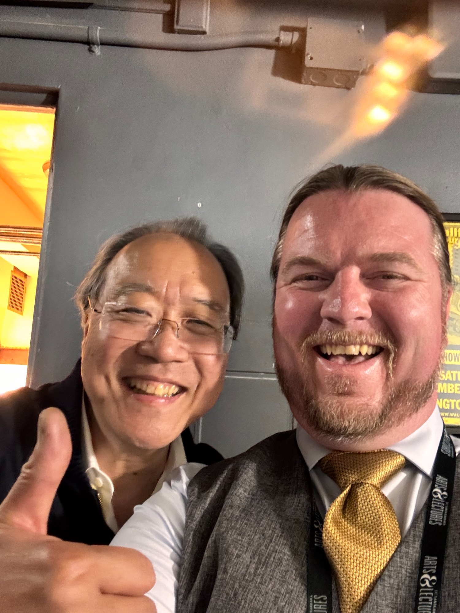 Eliot Winder backstage with Yo-Yo Ma at UCSB Arts & Lectures